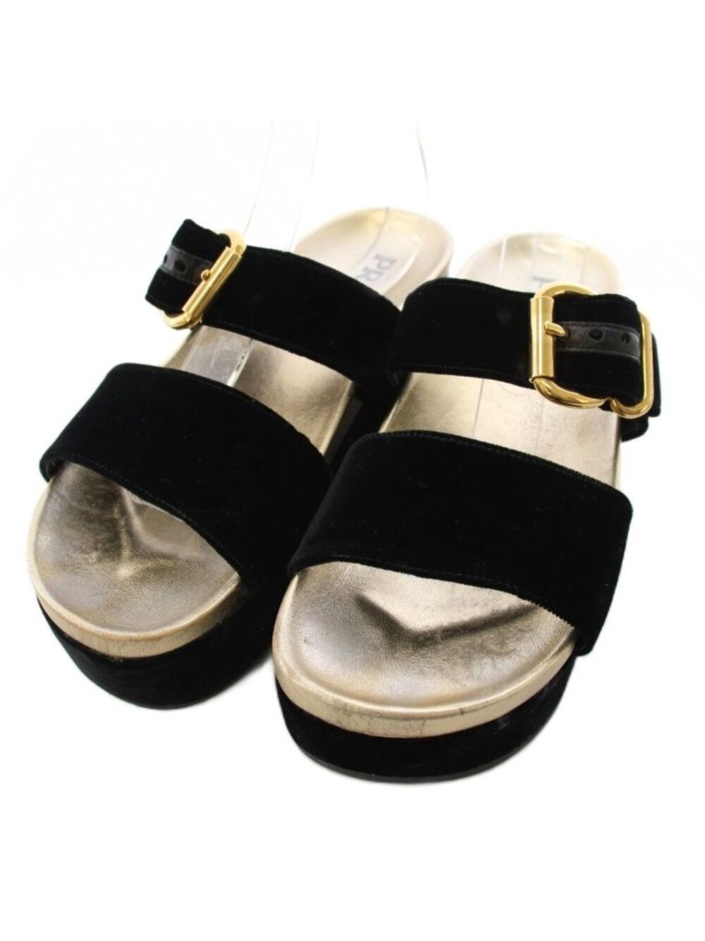 Prada Velvet Buckle Sandals Velour Thick Sole Double Strap Black TK 39